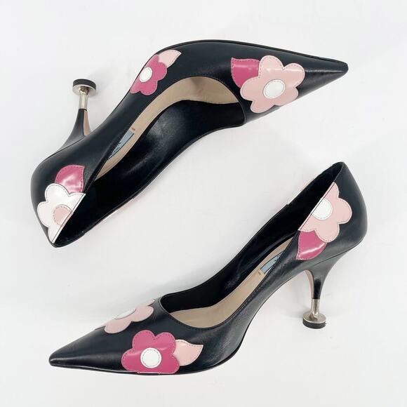 Prada Black Orchidea Nappa Leather Flower Fiori 85mm Pointed Toe Pump IT 38.5 - Picture 5 of 14